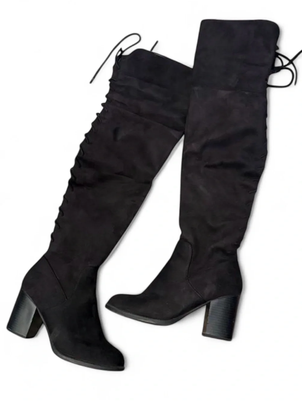 Black Suede Over-the-Knee Block Heel Lace Up Boots | Egdy Stylish Chic